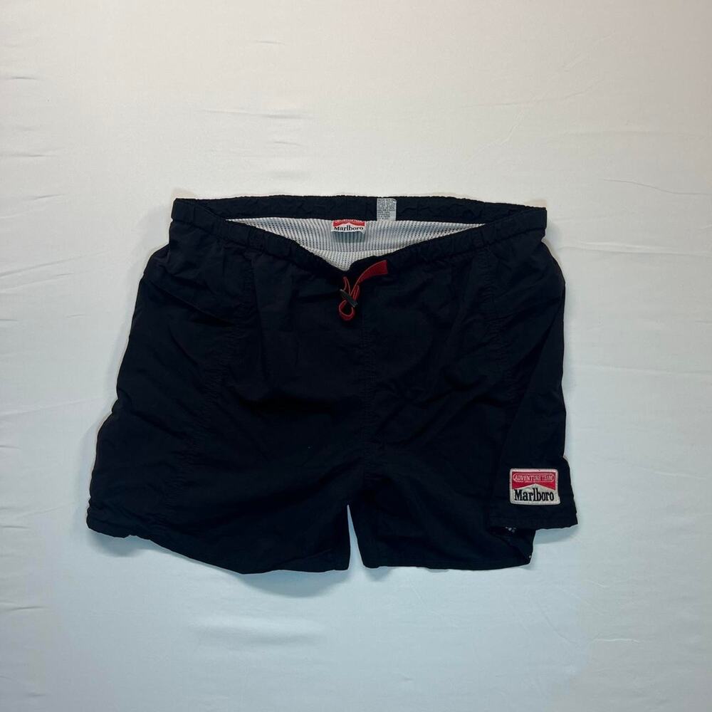 VTG Marlboro Adventure Team Swim Trunks Men's Large Black Nylon Shorts Red Strap